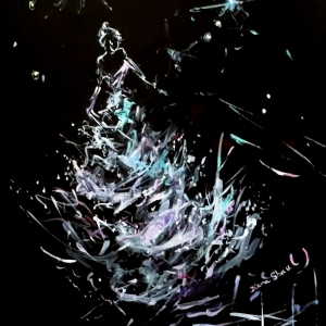 Original semi-abstract on a reflective black surface of a woman under spotlights.