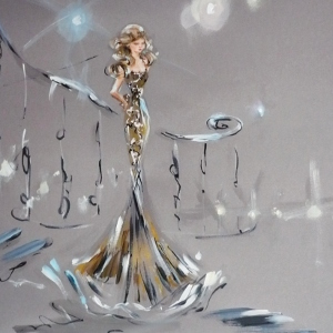 Painting juxtaposing a woman's gold dress against walls of steel grey.