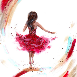 Original painting of a beautiful young woman seen from the back in a glittery red knee-length dress.