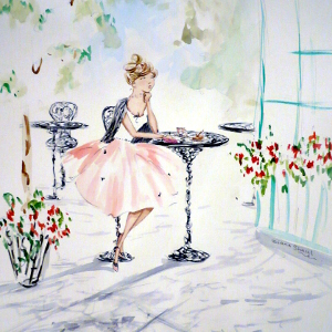 A young woman awaits news over tea and cake. Original painting.