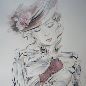 Original painting of a woman in Edwardian dress, her pink-gloved hand curled into a fist.