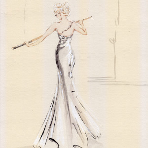 Original painting in neutral tones of a woman in a floor-length gown holding a pool cue.