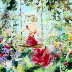 A young woman wearing a long red evening gown sits on a swing in a flower-filled summer garden. Original painting.