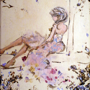 Original painting: a young woman in a pink dress sits at the window, alone with her thoughts.