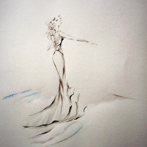 A woman reaches for an outstretched hand. Original ink and pencil drawing.