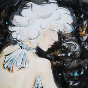 A dramatic painting of a platinum-haired beauty against a black background.