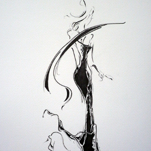 A semi-abstract monochrome image of an elegant woman running in heels.