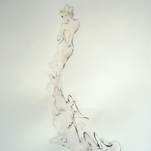 A sensitive and beautiful original painting of a woman in a floor-length pale pink gown.