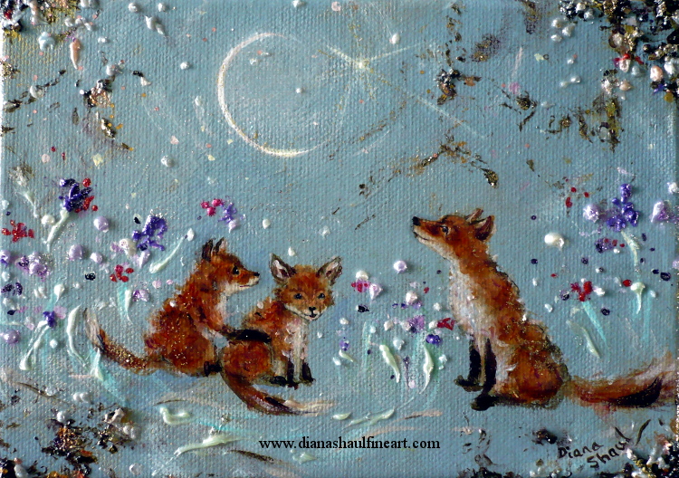 Original painting of a mother fox and her two cubs under the moon and stars.