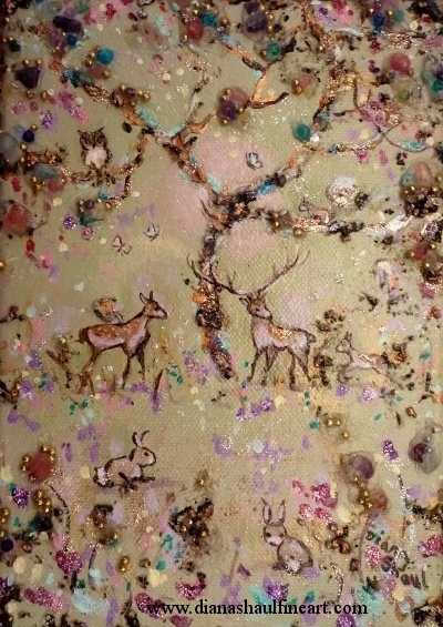 A joyful original painting of woodland animals under a blossom tree.