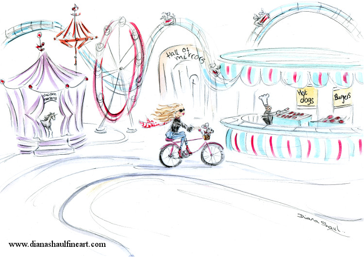 Drawing of a fairground. A girl cycles past the unicorn nursery to the hot dog/burger stand, her dog in her bicycle basket.