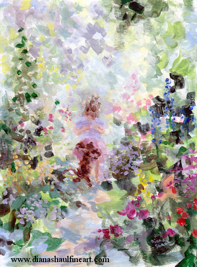 In a beautiful garden, a little girl plays with her dog. Original painting in acrylic and watercolour on paper.