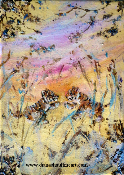 Two tiger cubs play in the tall grasses at sunset. Original mini painting.