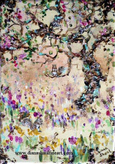 Original painting of two squirrels, one in a blossom tree, the other on the ground.