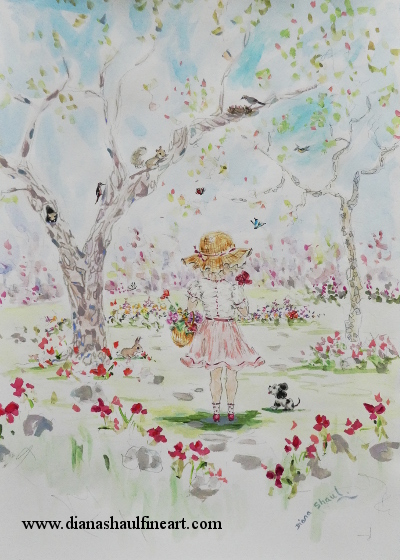 Original painting of a little girl enjoying a garden full of flowers, trees and animals.