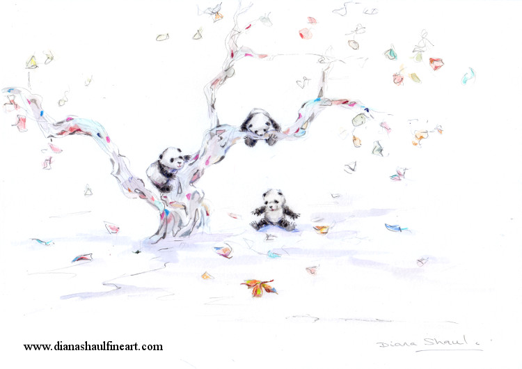 Original painting depicting three adorable panda cubs and an autumn tree.