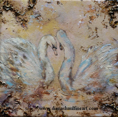 Original painting in neutral and gold shades, depicting two mute swans, their necks arched in a loving pose.