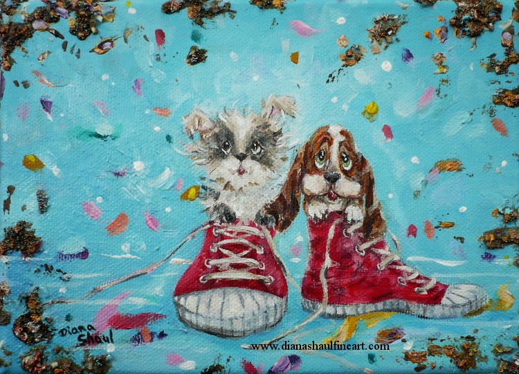 Two puppies (one of which is a basset) are pictured inside a pair of high-top red sneakers in this original painting.