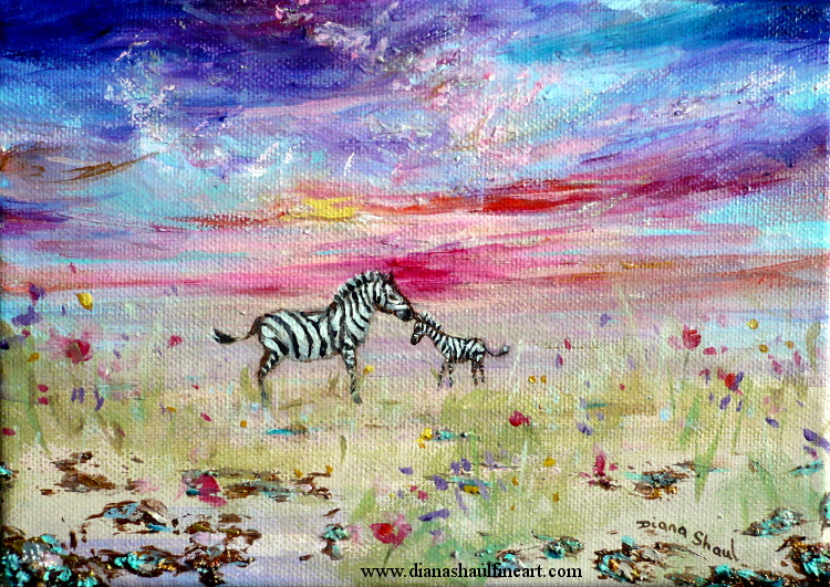 A mother zebra lovingly nuzzles the head of her baby in this original painting.