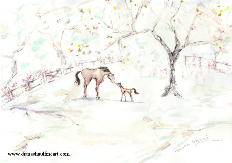 In a fenced paddock, a horse nuzzles a foal under a tree. Original painting in ink, watercolour and graphite pencil.