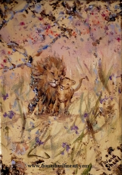 A lion and lioness cuddle up together. Original painting (acrylic and mixed media).
