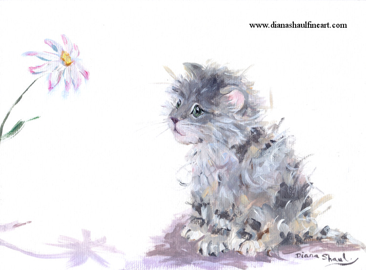 Original painting of a fluffy grey kitten looking intently at a daisy.