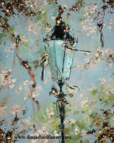 A family of birds (long-tailed tits) have made their home in a lamp post surrounded by blossoms in this original painting.