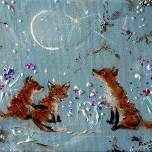 Original painting of a mother fox and her two cubs under the moon and stars.