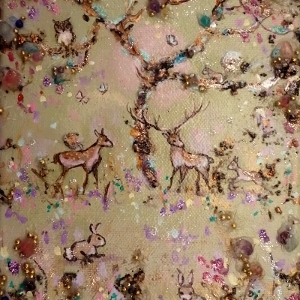 A joyful original painting of woodland animals under a blossom tree.