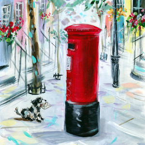 A dog looks up hopefully at a red postbox, an envelope in his mouth. Original painting.