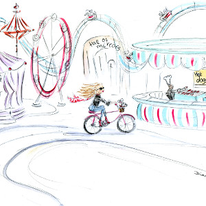 Drawing of a fairground. A girl cycles past the unicorn nursery to the hot dog/burger stand, her dog in her bicycle basket.