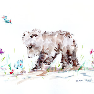 Original painting: a bear cub makes friends with a butterfly.