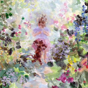In a beautiful garden, a little girl plays with her dog. Original painting in acrylic and watercolour on paper.