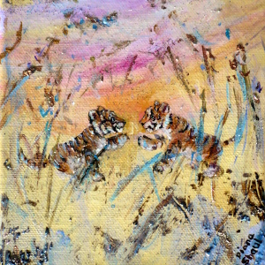 Two tiger cubs play in the tall grasses at sunset. Original mini painting.