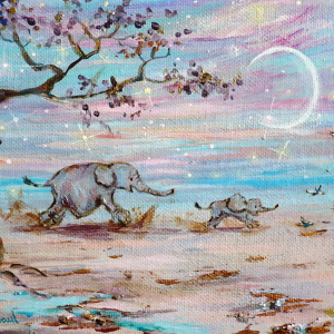 Baby elephant chases the birds. Mother elephant chases her baby. Original painting.
