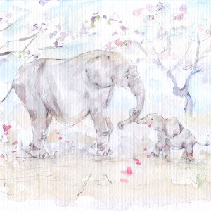 A baby elephant winds her trunk around her mother's in this original painting.