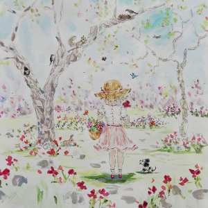 Original painting of a little girl enjoying a garden full of flowers, trees and animals.