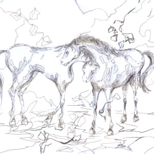 Original black and white drawing of two horses in a romantic pose.