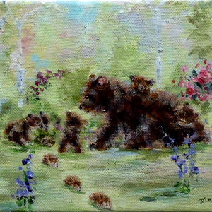 A mother bear looks concerned when her cubs show an interest in some passing hedgehogs. Original painting.