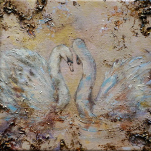 Original painting in neutral and gold shades, depicting two mute swans, their necks arched in a loving pose.