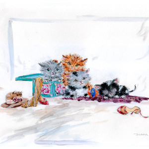 Adorable original painting of four fluffy little kittens with a pair of shoes and a hat.