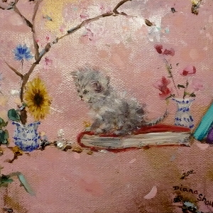 Original painting of a kitten wondering how to jump down from a shelf.
