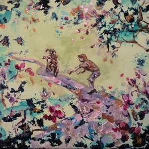 Surrounded by fantasy blossoms, a father teaches his daughter how to ride a bike in this mini acrylic painting on canvas.