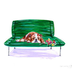 Original painting of a British bulldog lying on a bench, a posy of flowers in his paw.