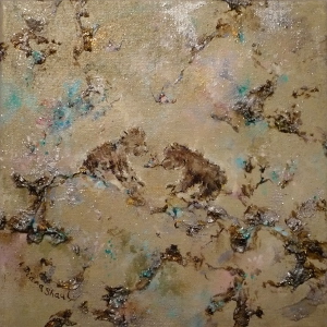 Two bear cubs encounter a butterfly in this semi-abstract painting.