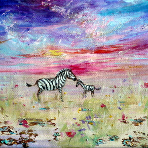 A mother zebra lovingly nuzzles the head of her baby in this original painting.
