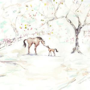In a fenced paddock, a horse nuzzles a foal under a tree. Original painting in ink, watercolour and graphite pencil.