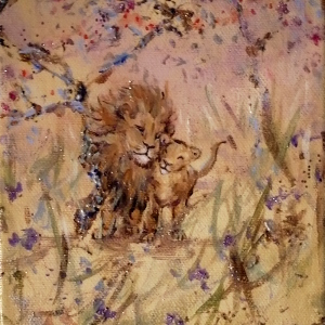 A lion and lioness cuddle up together. Original painting (acrylic and mixed media).