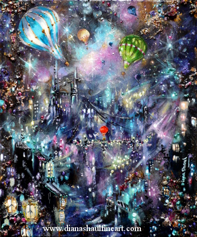A magical cityscape painting featuring hot-air balloons and the one who determines their worthiness for flight.