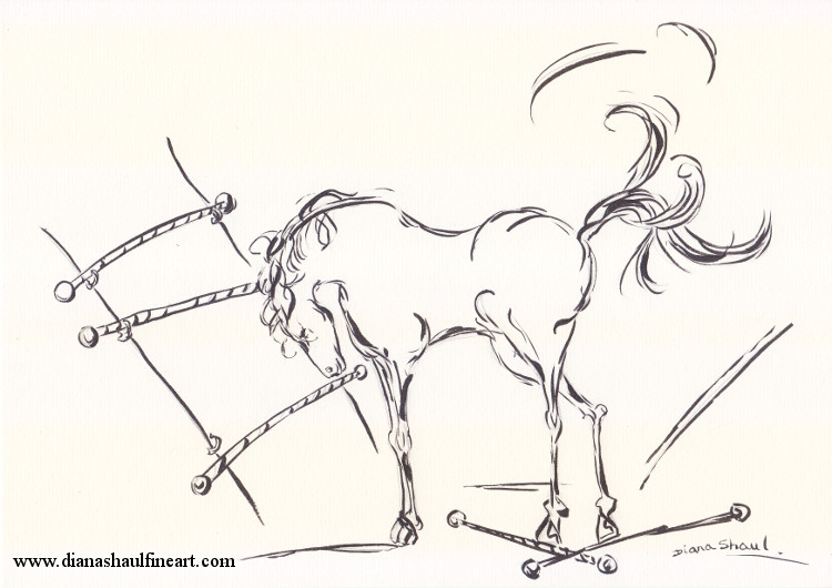 Original drawing in black and white of a horse with a fence it has partially kicked down.